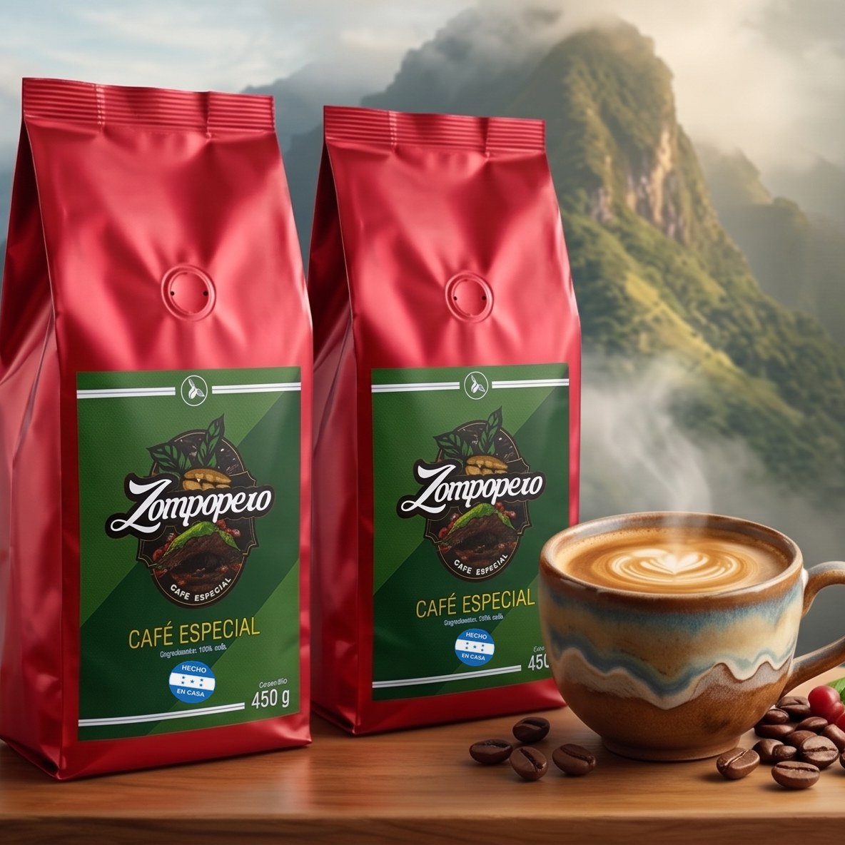 Dos bolsas de Café Especial Zompopero de 450 g junto a una taza recién servida